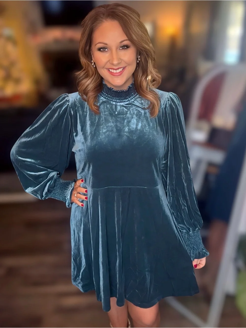 Velvet Long-Sleeve Mini Dress in Teal 3XL